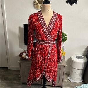 Lulu's Red Floral Wrap Dress with Contrast Trim